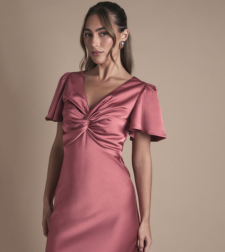 Satin Twist Front Angel Sleeves Midi Bridesmaid Dress