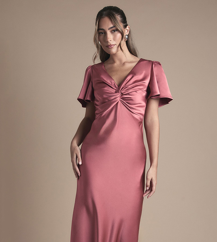 Satin Twist Front Angel Sleeves Midi Bridesmaid Dress