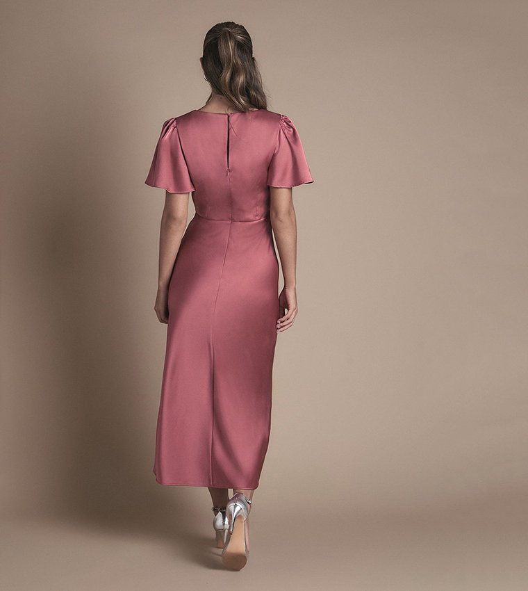 Satin Twist Front Angel Sleeves Midi Bridesmaid Dress