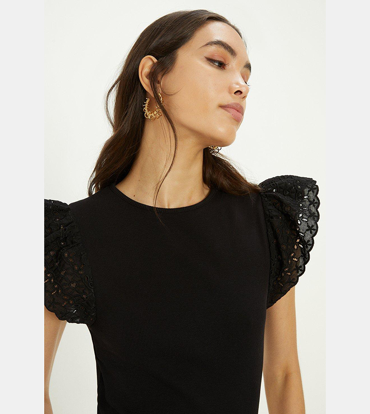 Buy Oasis Woven Broderie Frill Sleeves Rib Top In Black