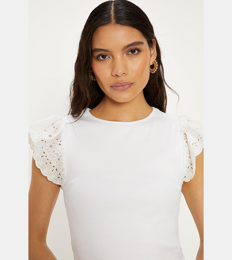 Buy Oasis Woven Broderie Frill Sleeves Rib Top In White