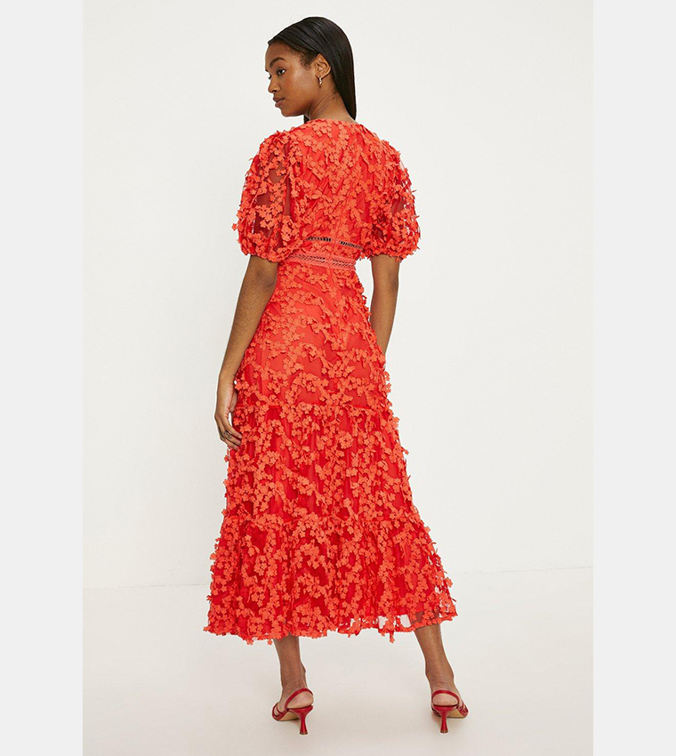 Buy Oasis Flower Embroidered V Neck Midi Dress In Red 6thStreet Saudi Arabia