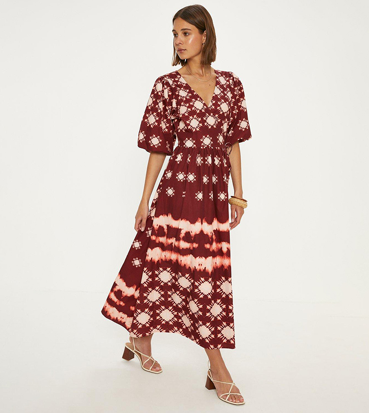 Buy Oasis Printed Puff Sleeves Wrap Midi Dress In Red 6thStreet Oman