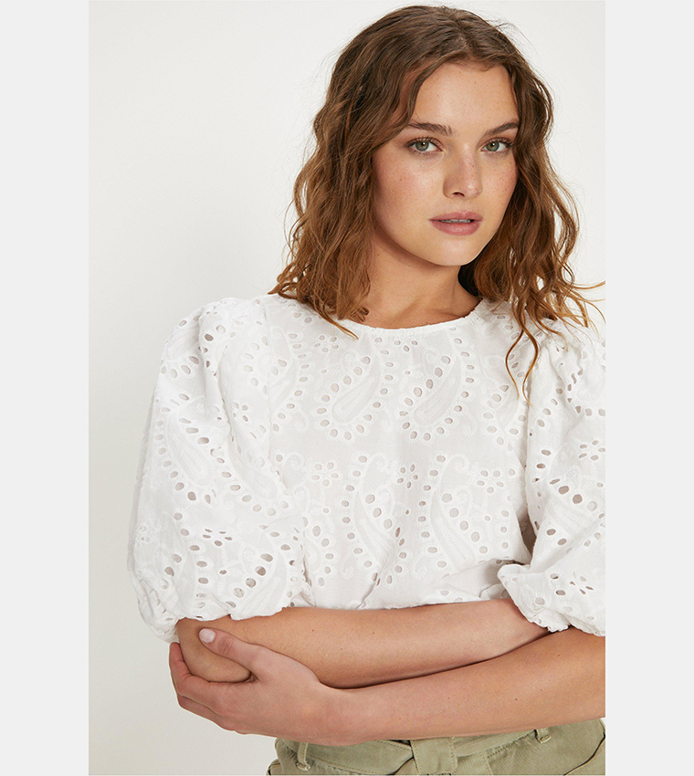 Buy Oasis Broderie Puff Sleeves Top In White | 6thStreet UAE