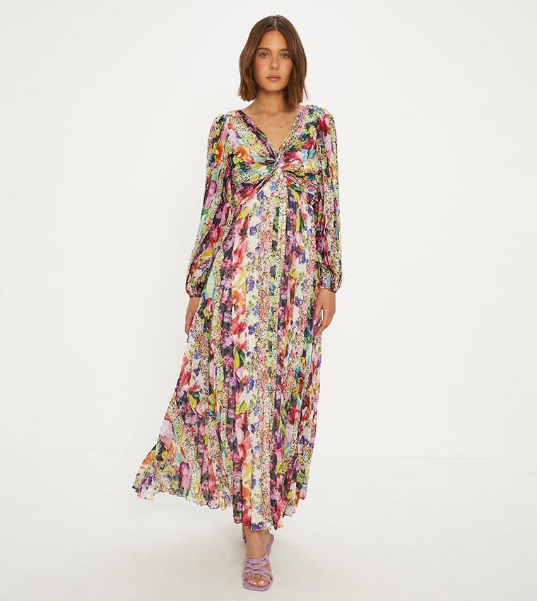 Buy Oasis Stripe Floral Pleated Metallic Twist Midi Dress In Multiple Colors 6thStreet Saudi Arabia