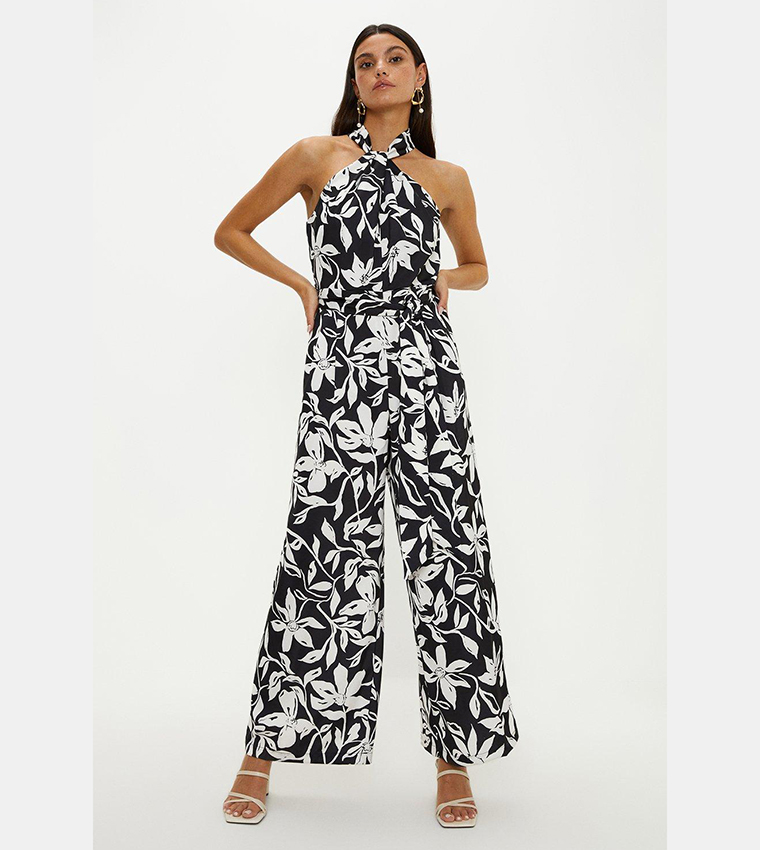 Buy Oasis Twist Neck Black Mono Print Satin Halter Jumpsuit In Multiple ...