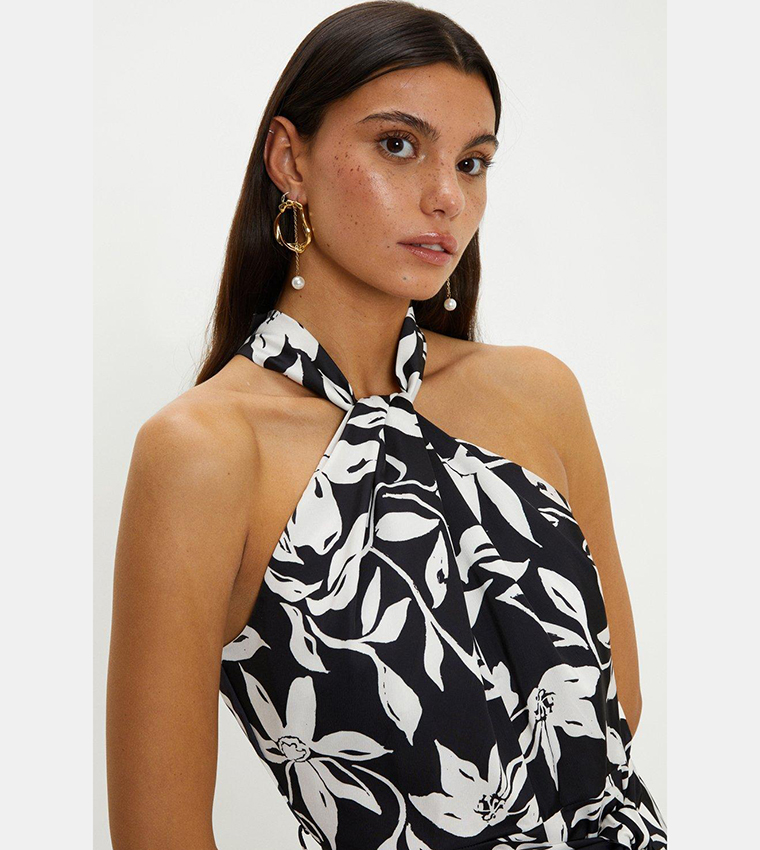 Buy Oasis Twist Neck Black Mono Print Satin Halter Jumpsuit In Multiple