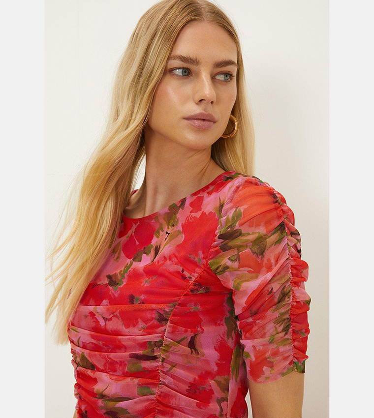 Buy Oasis Red Floral Mesh Ruched Sleeves Top In Multiple Colors