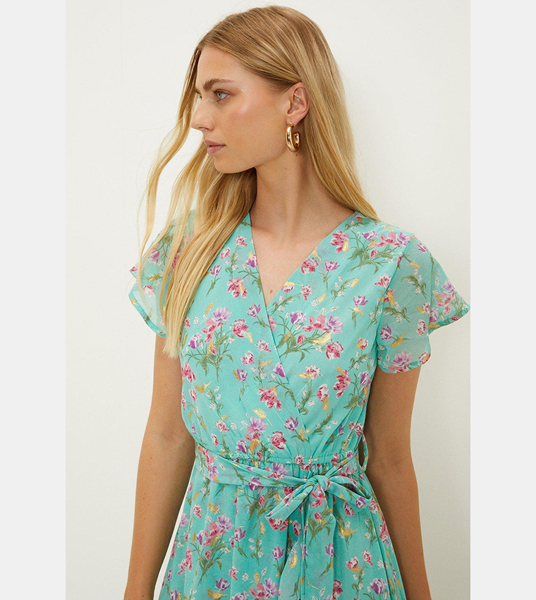 Buy Oasis Pretty Floral Frill Detail Wrap Midi Dress In Blue