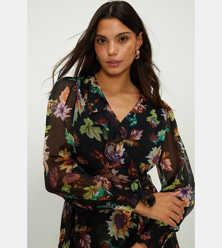 Buy Oasis Floral Ruffle Chiffon Wrap Midi Dress In Black 6thStreet Bahrain