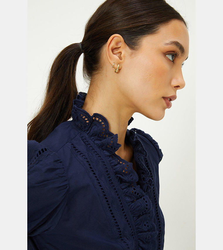 Oasis Ruffle Blouse Buy Oasis Ruffle Edge Lace Trim Puff Sleeves Top In Navy | 6thStreet UAE