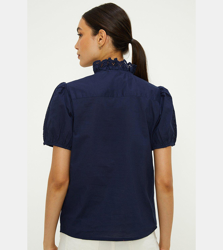 Oasis Ruffle Blouse Buy Oasis Ruffle Edge Lace Trim Puff Sleeves Top In Navy | 6thStreet UAE