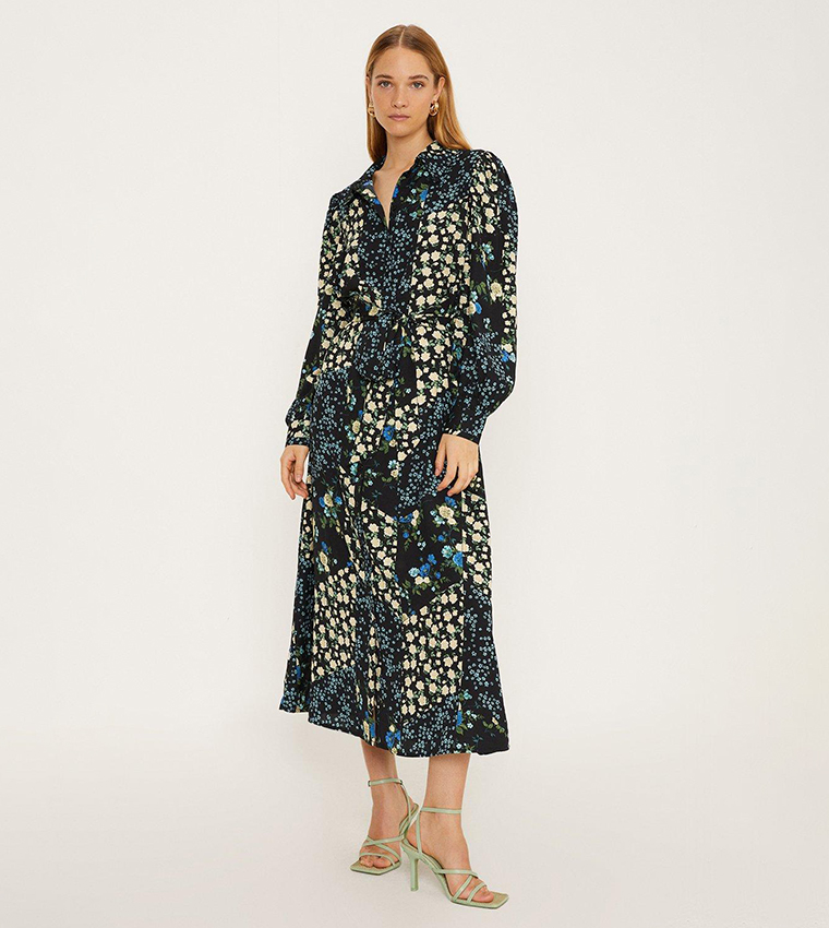 Buy Oasis Blue Floral Tie Midi Shirt Dress In Black 6thStreet UAE