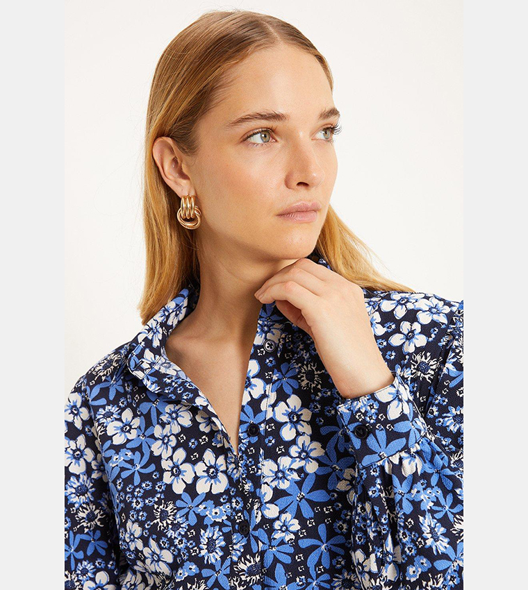 Buy Oasis Floral Godet Detail Collared Shirt Dress In Blue | 6thStreet Oman