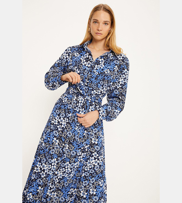 Buy Oasis Floral Godet Detail Collared Shirt Dress In Blue 6thStreet Qatar