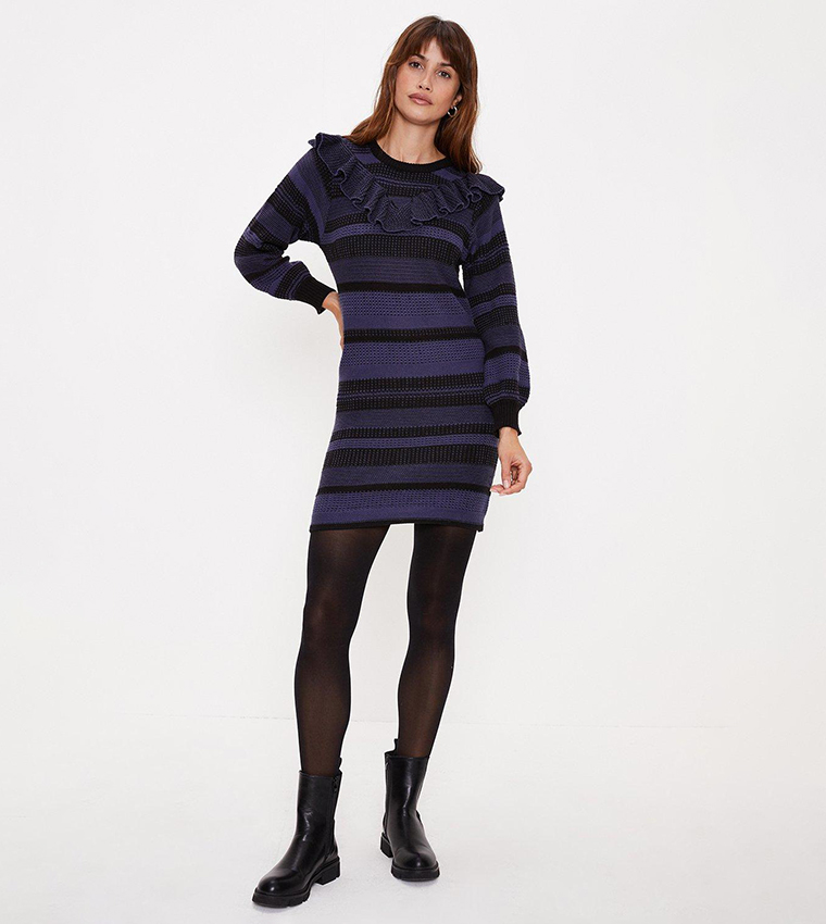 Buy Oasis Frill Detail Textured Stripe Sweater Dress In Multiple