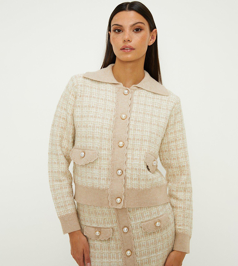 Buy Oasis Knitted Tweed Scallop Detail Jacket In Cream | 6thStreet Kuwait