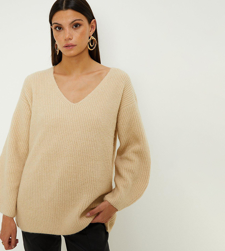 Buy Oasis Cosy Ribbed V Neck Longline Sweater In Cream | 6thStreet UAE
