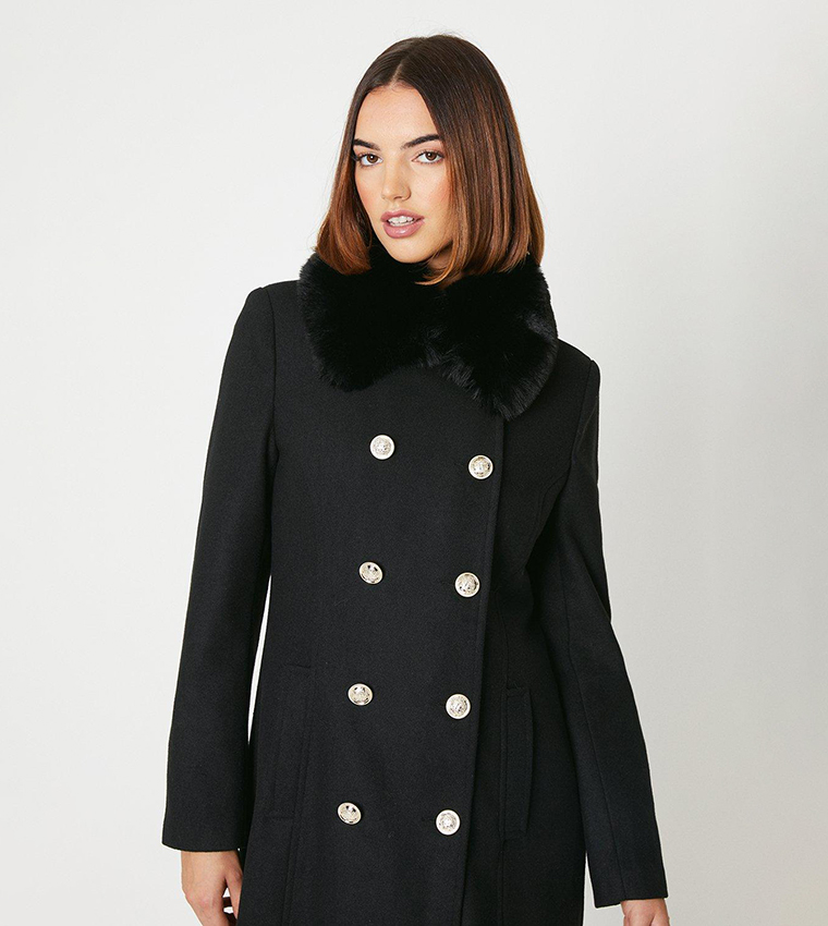 Buy Oasis Fur Collar Military Coat In Black | 6thStreet Qatar