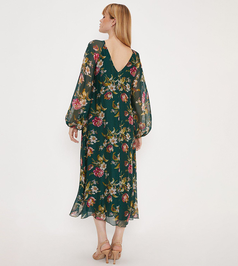 Buy Oasis Romantic Floral Silk Mix Volume Sleeves Midi Dress In ...