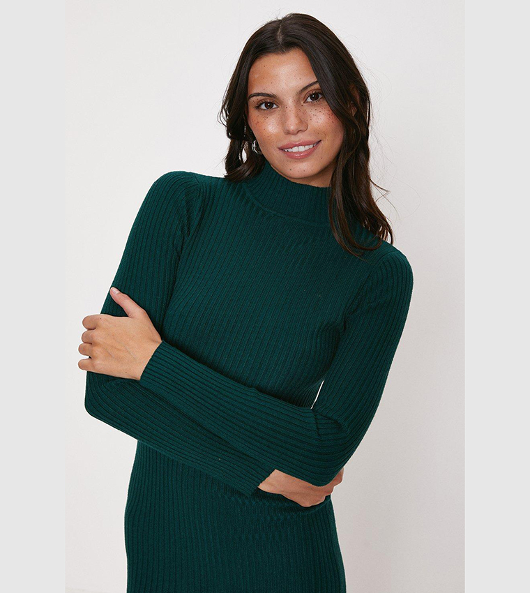 Oasis Funnel Neck Rib Knitted Midi Dress in Green