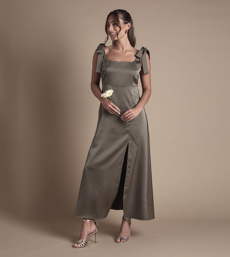 Petite Satin Tie Shoulder Midi Bridesmaid Dress