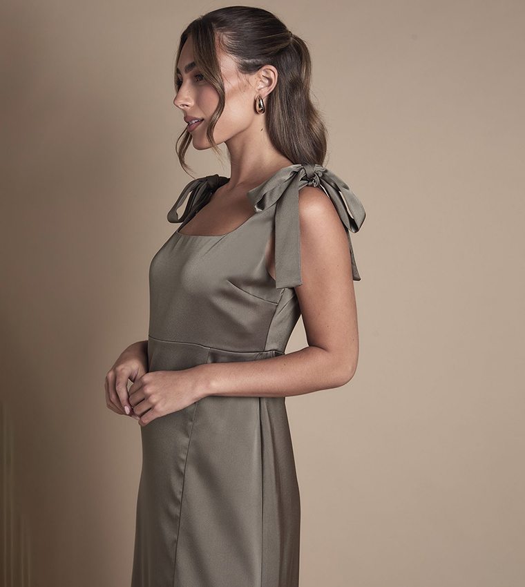 Petite Satin Tie Shoulder Midi Bridesmaid Dress
