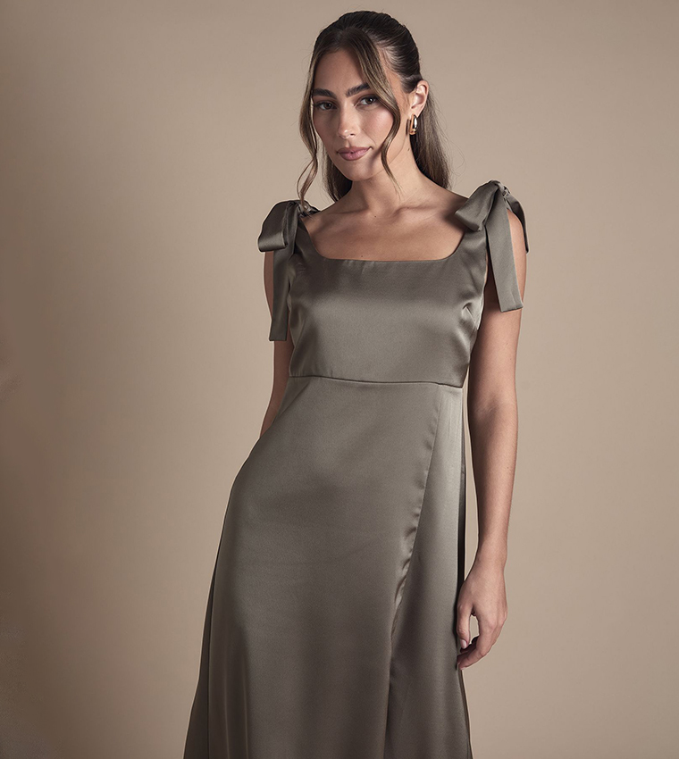 Petite Satin Tie Shoulder Midi Bridesmaid Dress
