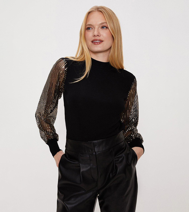 Buy Oasis Blouson Sequin Sleeves Sweater In Gold 6thStreet Saudi