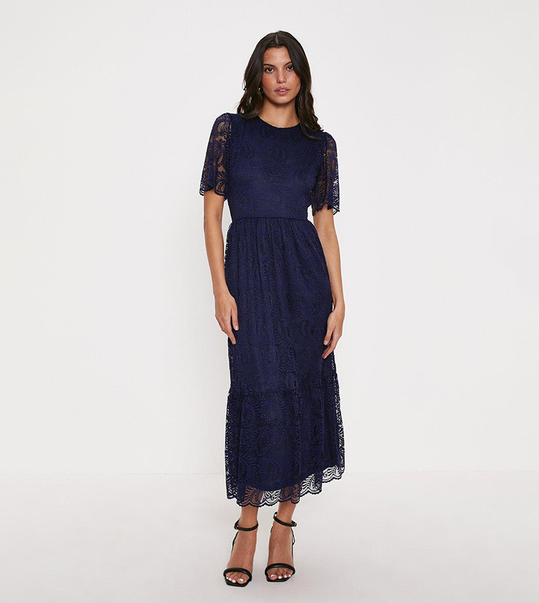Buy Oasis Scallop Lace Angel Sleeves Midi Dress In Navy | 6thStreet Qatar