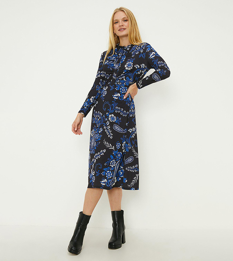 Buy Oasis Petite Paisley Printed Ruched Waist Midi Shirt Dress In Navy ...