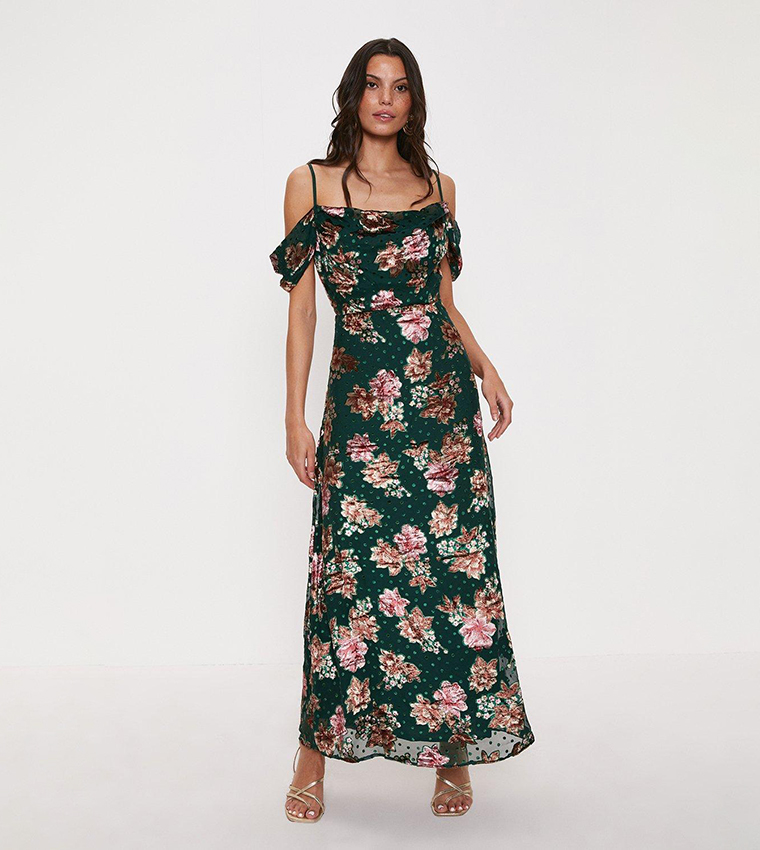 Buy Oasis Floral Devore Cowl Neck Maxi Dress In Green | 6thStreet Kuwait