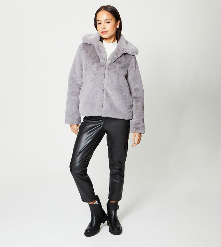 Buy Oasis Petite Plush Faux Fur Short Collared Jacket In Grey