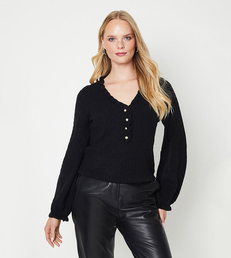 Buy Oasis Frill Neck Pointelle Sweater In Black
