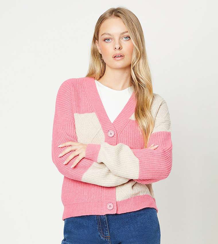 Buy Oasis V Neck Check Cable Oversized Cardigan In Pink 6thStreet Qatar