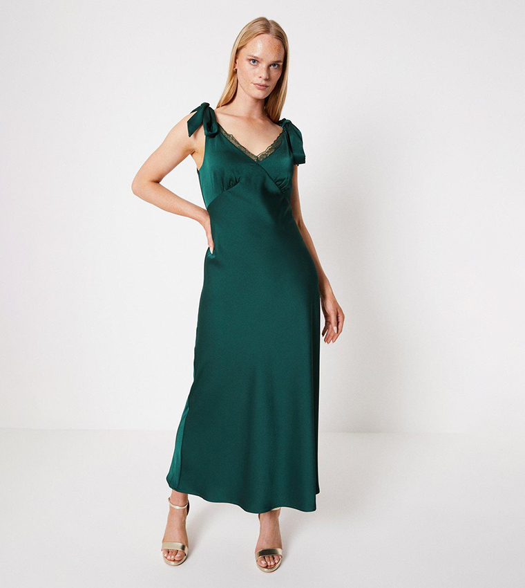 Buy Oasis Satin Lace Insert Tie Shoulder Midi Dress In Green