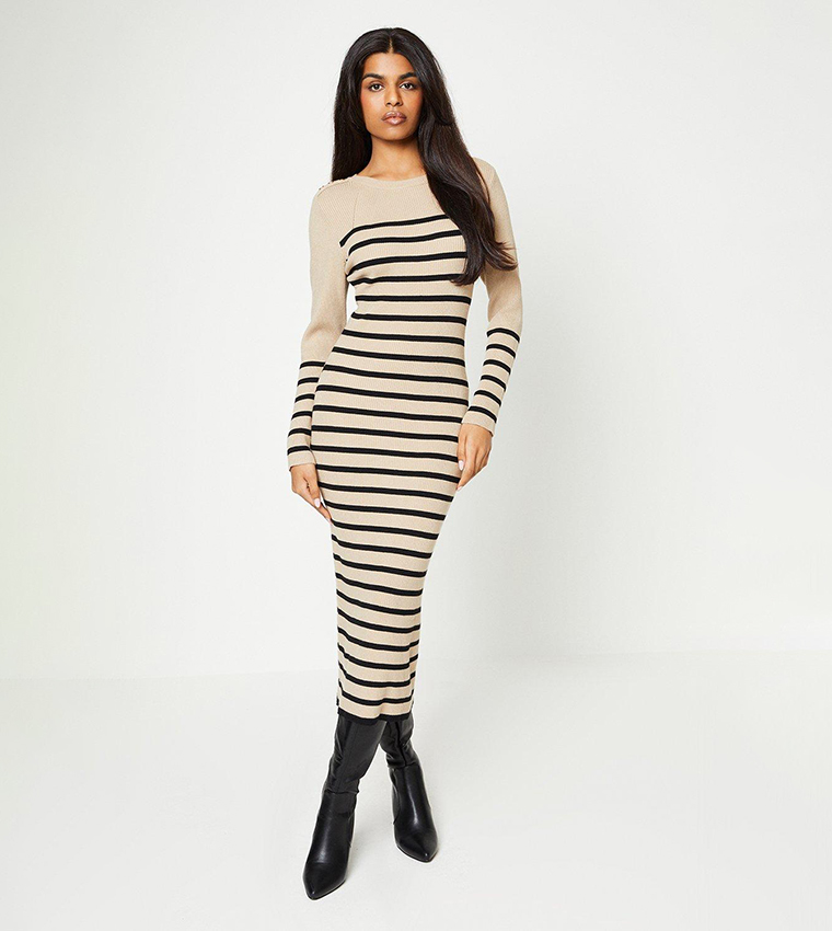 Buy Oasis Button Detail Premium Ribbed Striped Midi Dress In Camel 6thStreet UAE