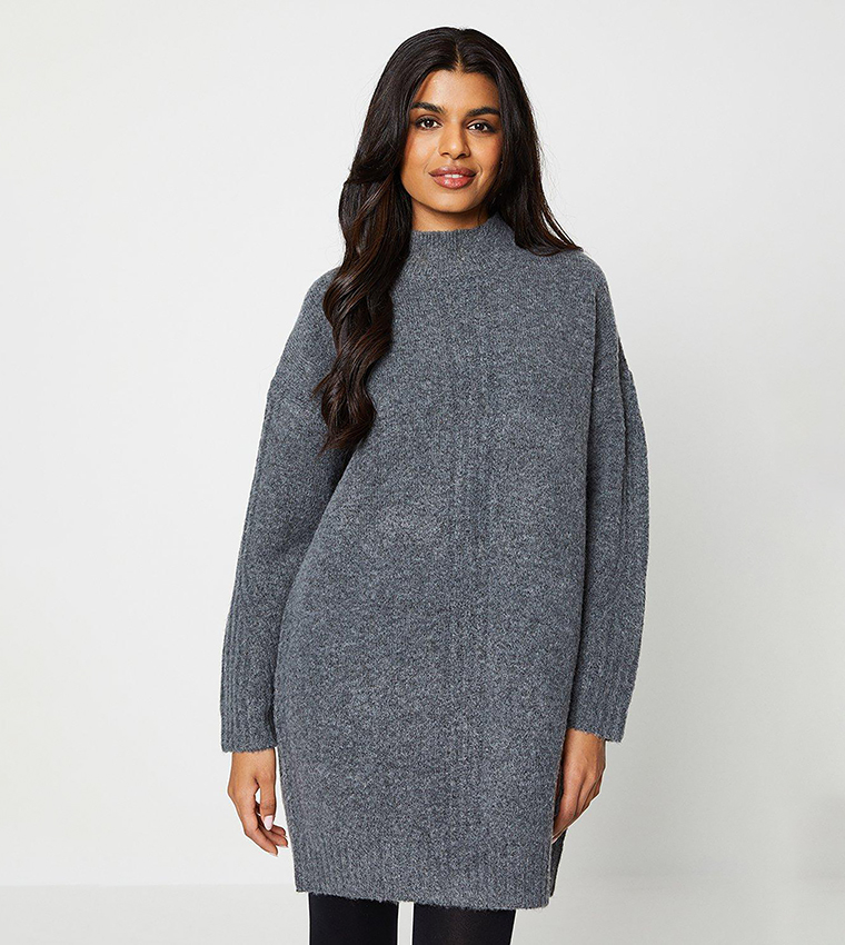 Petite Funnel Neck Ribbed Detail Mini Dress