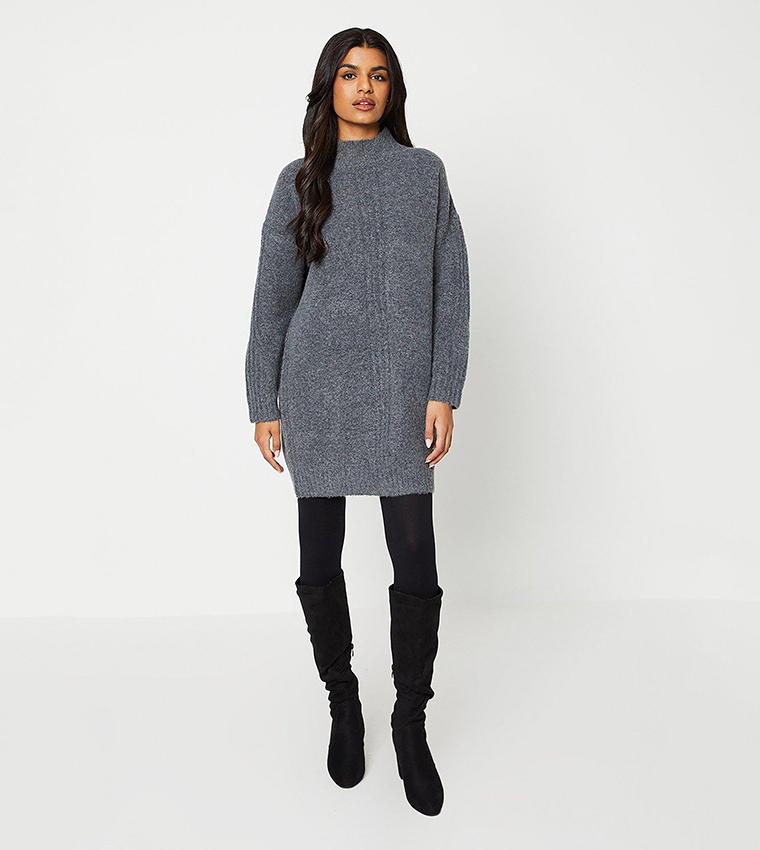 Petite Funnel Neck Ribbed Detail Mini Dress