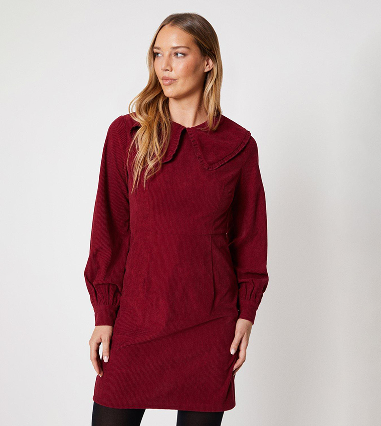 Buy Oasis Cord Long Sleeves Collared Shift Dress In Red