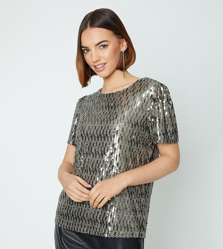 Buy Oasis Sequined Short Sleeves T Shirt In Grey | 6thStreet UAE