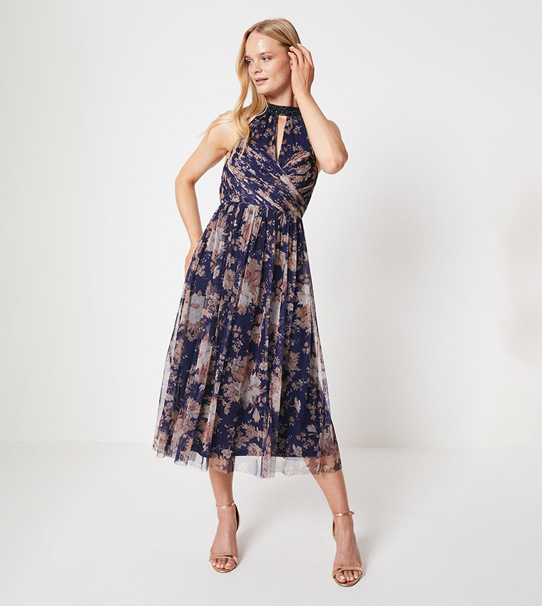 Buy Oasis Blue Floral Halterneck Mesh Midi Dress In Navy