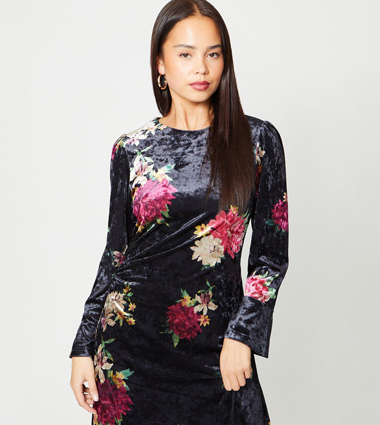 Buy Oasis Petite Floral Print Velvet Flute Sleeves Midi Dress In Black 6thStreet Saudi Arabia