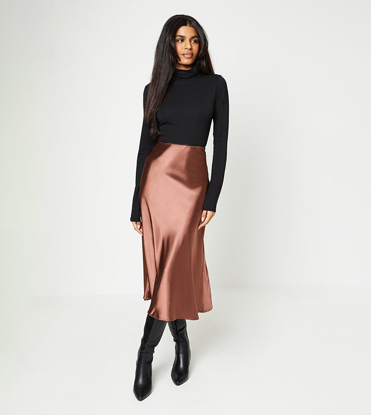 Buy Oasis Plain Satin Bias Midi Skirt In CHOCOLATE 6thStreet Qatar