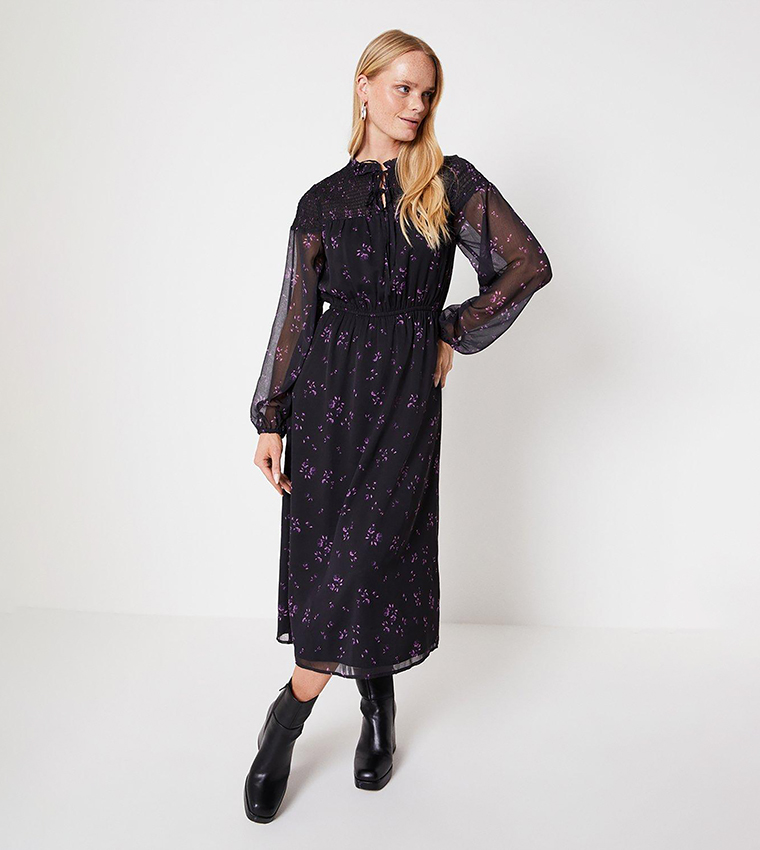 Buy Oasis Floral Smocked Tie Yoke Chiffon Midi Dress In Black 6thStreet Bahrain