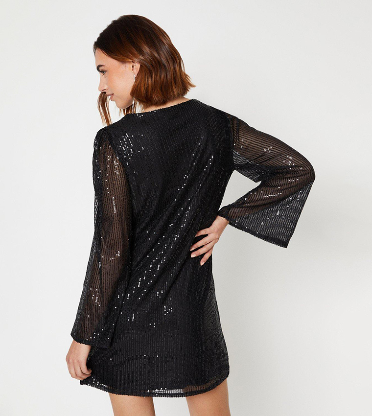 Buy Oasis Sequin Flared Sleeves V Neck Mini Dress In Black