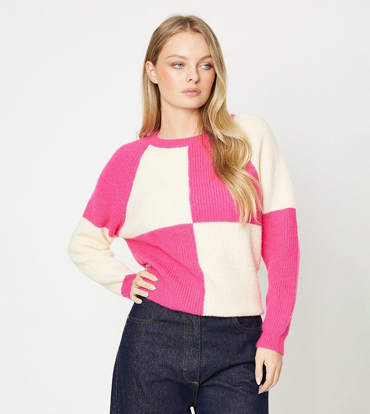 Buy Oasis Contrast Check Knitted Jumper In Pink 6thStreet Bahrain