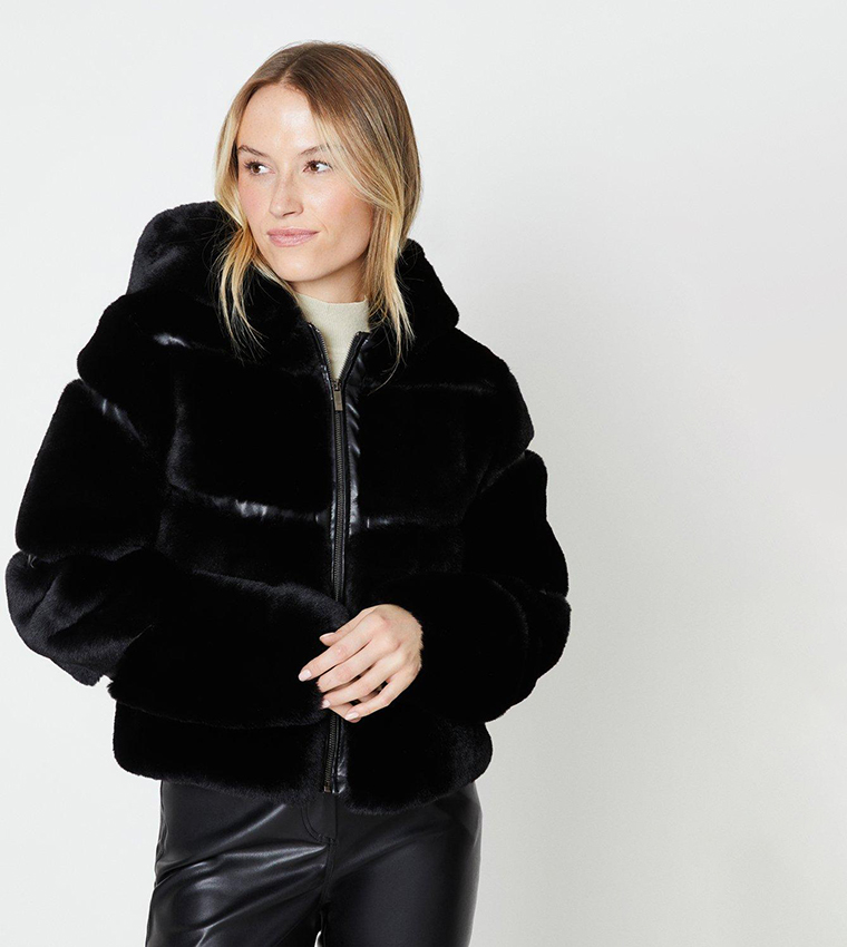 Black Faux Fur Hood Crop Puffer Jacket