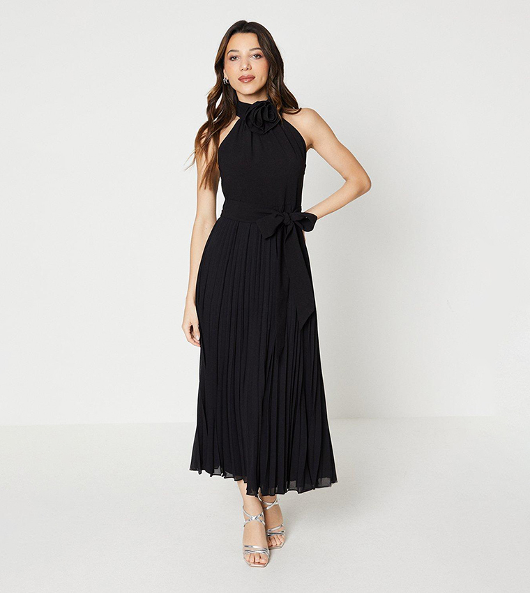 Buy Oasis Petite Premium Crepe Corsage Pleated Midi Dress In Black