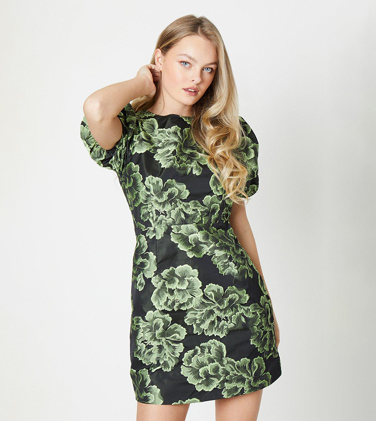 Buy Oasis Floral Print Jacquard Puff Sleeves Mini Dress In Black